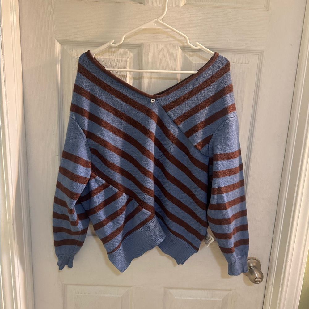 Blue & Brown Striped Asymmetrical V-Neck Sweater | Soft Knit Pullover - Picture 2 of 2
